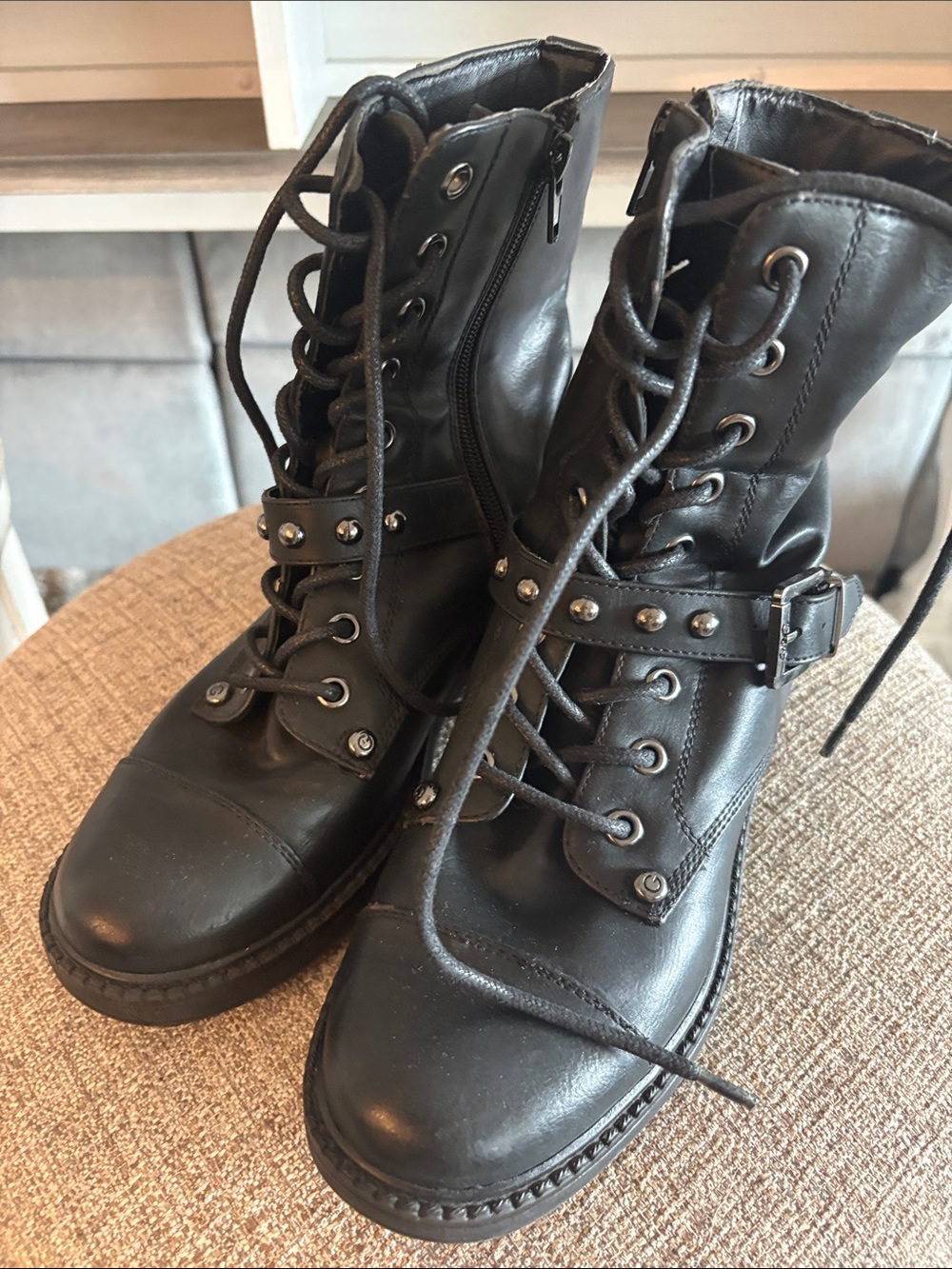 Guess Black Studded Lace-Up Combat Boots